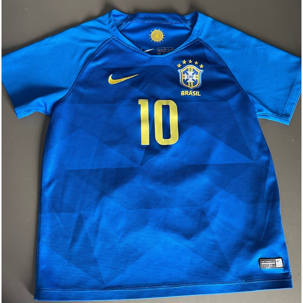 Nike Brazil Neymar Jr 10 Jersey 2018 Away Blue Kids Size L 6-7 Years